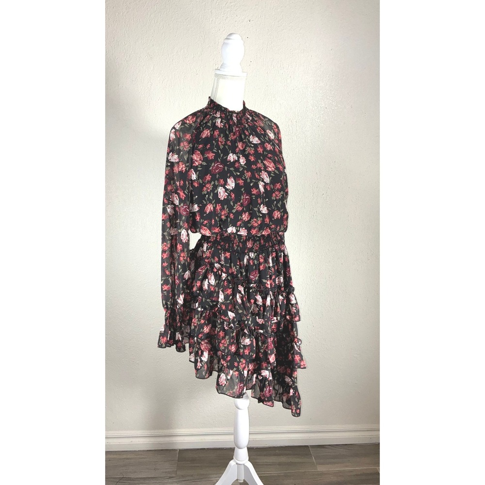 Revamped Floral Mock Neck Smocked Waist Tiered Ruffle Mini Dress Black Red Large